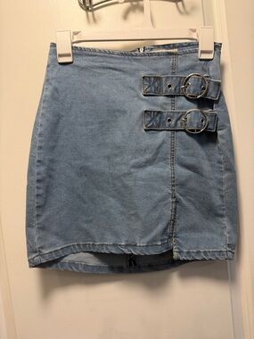 Machine Light Blue Denim Mini Skirt with Double Buckles